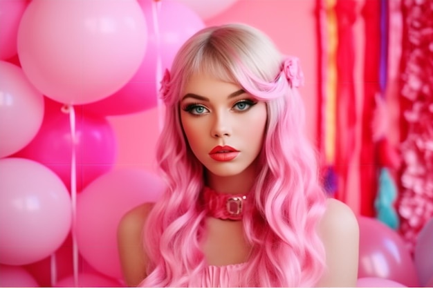 Foto una chica con el pelo rosa y una peluca rosa.