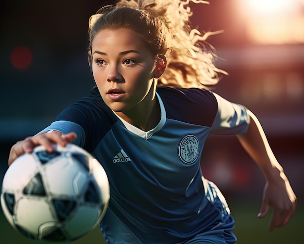 una chica con una pelota de fútbol en el cabello está jugando con una bola de fútbol.