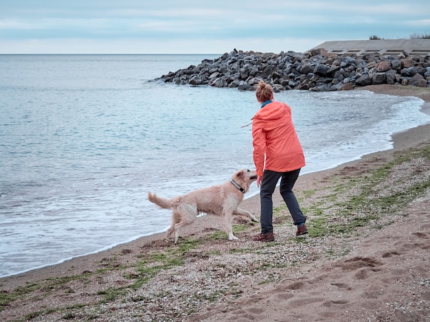 Chica con perro perdiguero jugando en la playa al atardecer.