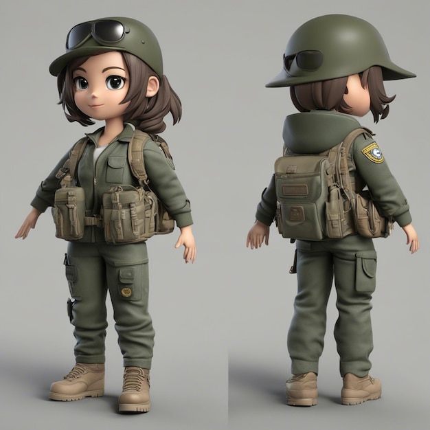 Foto una chica de personaje del ejército brasileño de dibujos animados chibi tyle3d con chaqueta de arma usando una mochila