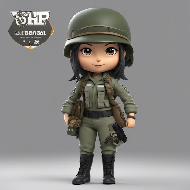 Foto una chica de personaje del ejército brasileño de dibujos animados chibi tyle3d con chaqueta de arma usando una mochila
