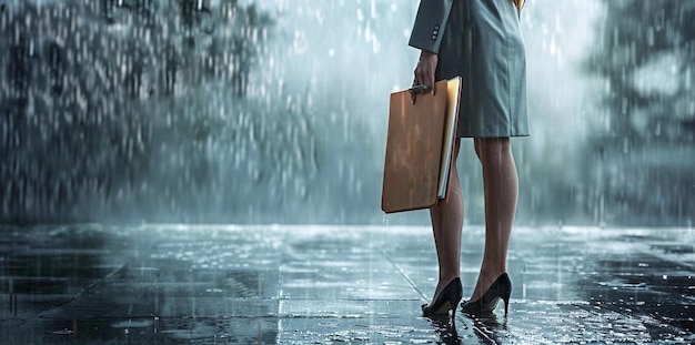 Una chica de pie con una carpeta de trabajo en la lluvia una chica en un traje de negocios con tacones