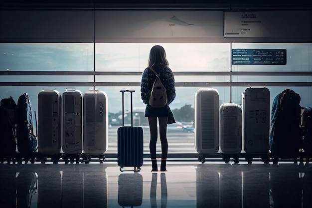 Chica de pie cerca del aeropuerto con maletas para viajar