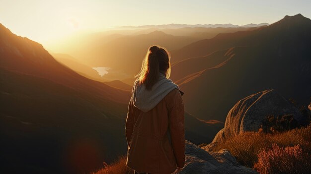 Una chica de pie en la cima de una montaña al atardecer generada por la IA