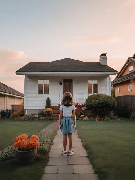 Foto una chica está de pie frente a la casa.