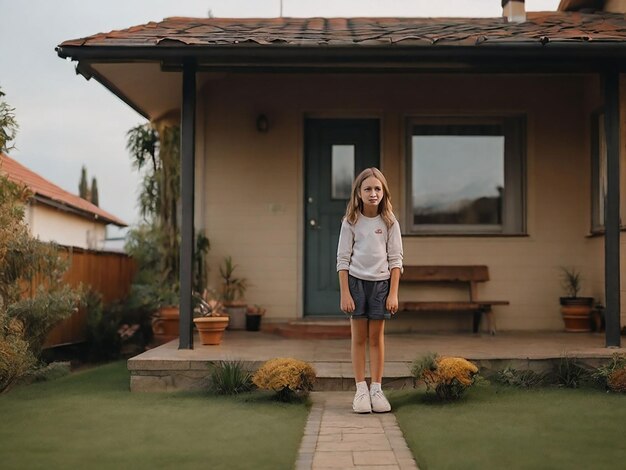 Foto una chica está de pie frente a la casa.