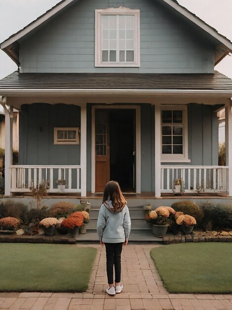 Foto una chica está de pie frente a la casa.