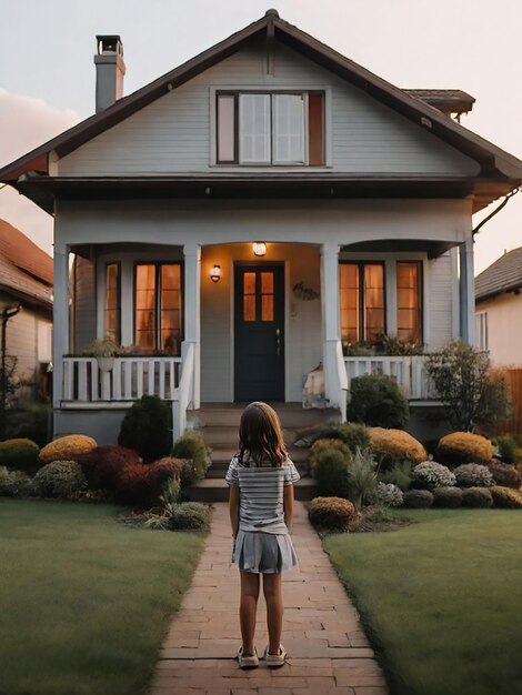 Foto una chica está de pie frente a la casa.
