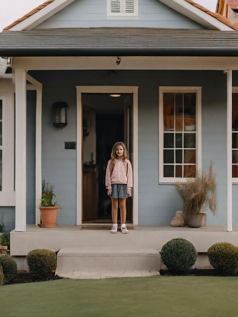 Foto una chica está de pie frente a la casa.