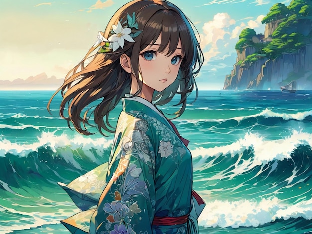 Foto chica de pie junto al mar anime arte digital ilustración pintura papel tapiz