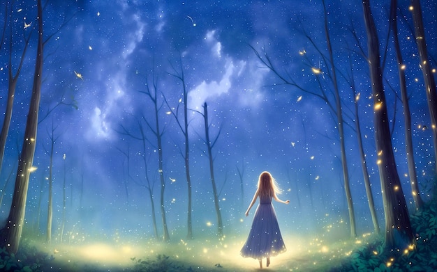 Chica de pie en medio del bosque nocturno mágico con fondo de cielo y estrellas sobre su cabeza