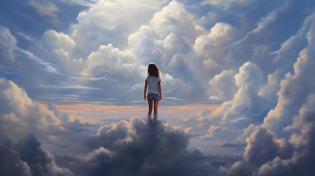 Foto una chica está de pie en una nube en el cielo