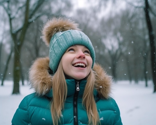 Una chica de pie en un parque de invierno con una chaqueta de invierno y una gorra foto de stock djsansino imagen de Navidad ilustración fotorrealista