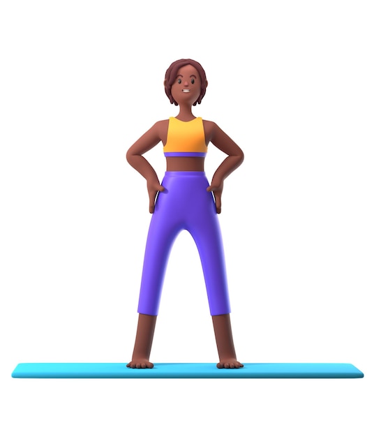 Foto chica de piel oscura de yoga en posición de pie sobre fondo blanco personaje femenino de dibujos animados en 3d