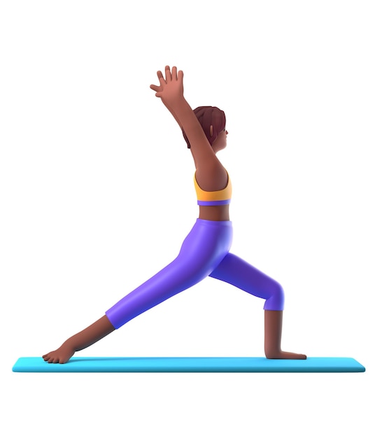 Chica de piel oscura de yoga en posición de pie sobre fondo blanco personaje femenino de dibujos animados en 3d