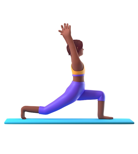 Chica de piel oscura de yoga en posición de pie sobre fondo blanco personaje femenino de dibujos animados en 3d