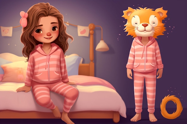 Una chica en pijama rosa sentada en una cama al lado de un gato humano