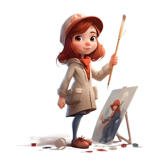 Foto chica pintando con pincel y paleta aislada sobre fondo blanco representación 3d