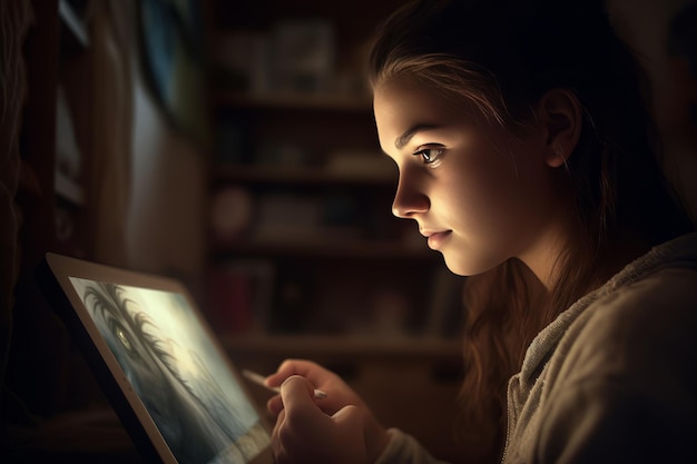 Chica pintando en una tableta