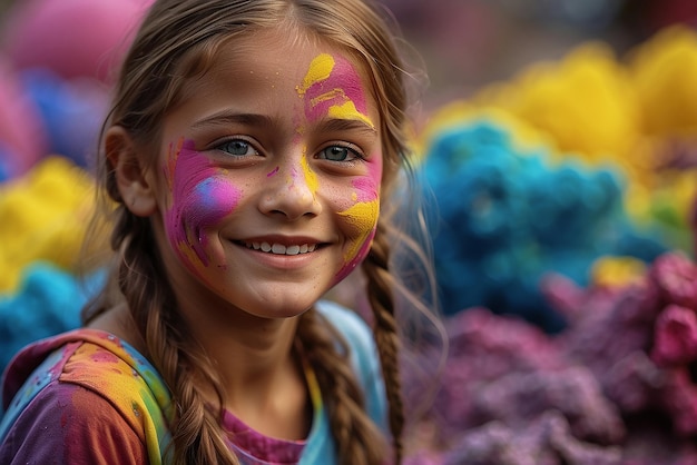 Foto una chica con una pintura de cara colorida en su cara