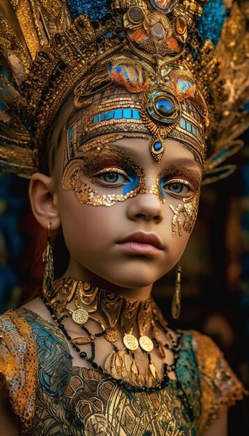 Una chica con pintura dorada en la cara y pintura dorada.