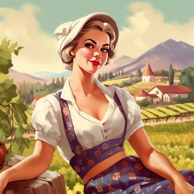 Una chica pinup recogiendo uvas en un paisaje rural montañoso