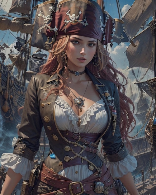 Chica pirata en el fondo de los barcos