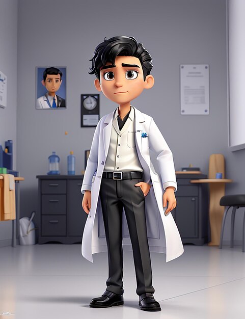 Una chica de Pixar con un abrigo blanco de médico y un estatoscopio