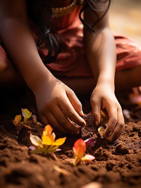 Una chica plantando flores en la arena