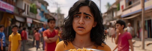 una chica con un plato de comida que dice que nadie está comiendo