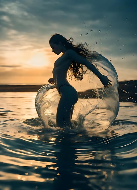 Foto chica en la playa al atardecer mujer sexy en el agua