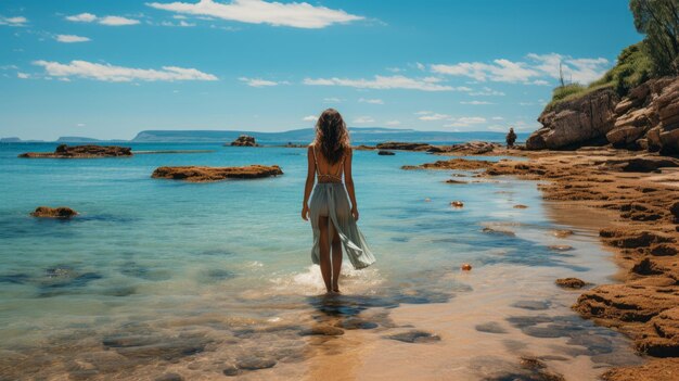 Una chica en la playa hermoso mar pacífico azul hermosa fotografía