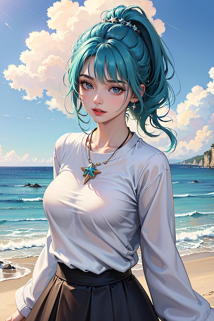 una chica en la playa con el pelo azul