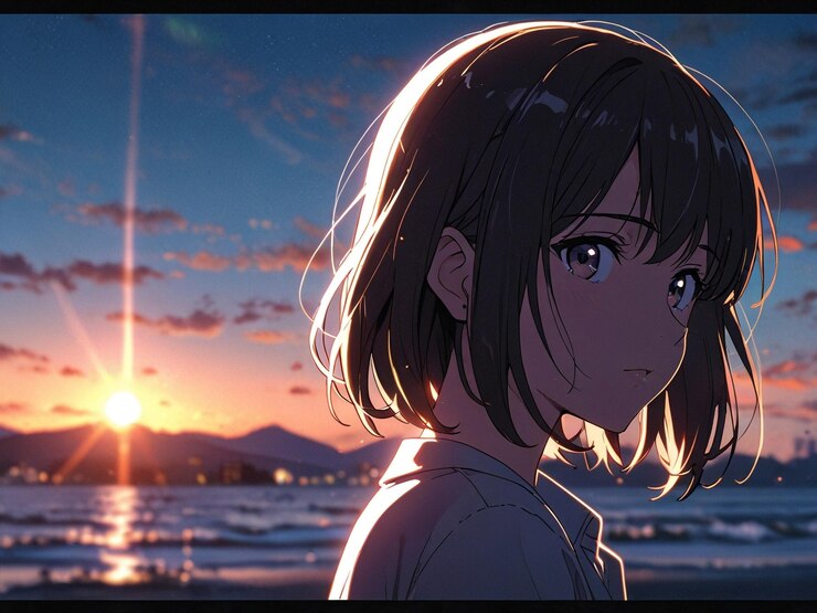 una chica en una playa con el sol detrás de ella