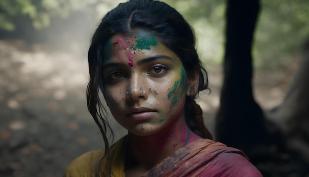 Una chica con polvos de colores en la cara.