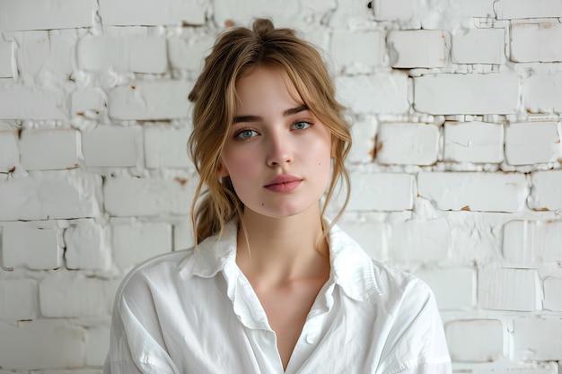 La chica posa con una camisa blanca contra una pared de ladrillos