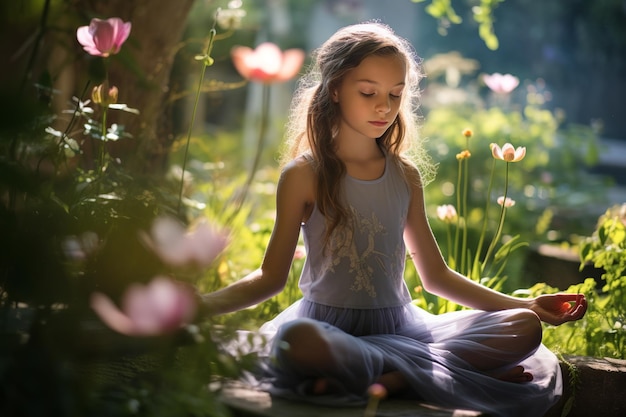 Chica en pose de yoga en medio de un fascinante jardín