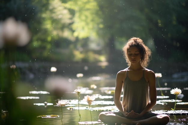 Chica en pose de yoga en medio de un fascinante jardín