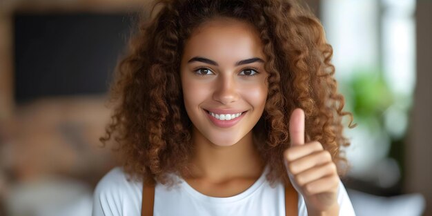 Una chica positiva gesticulando con el pulgar indicando un espacio en blanco con entusiasmo concepto emocionado por las nuevas posibilidades