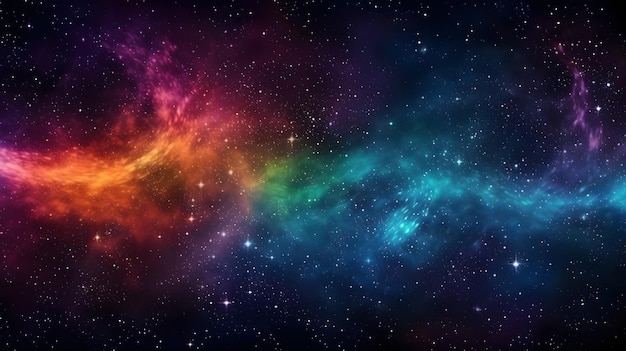 Chica en postura de loto sobre fondo abstracto de energía positiva con colores cósmicos y nebulosas radiantes