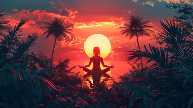 Una chica practicando yoga al atardecer realiza ejercicios de Padmasana y posturas de loto