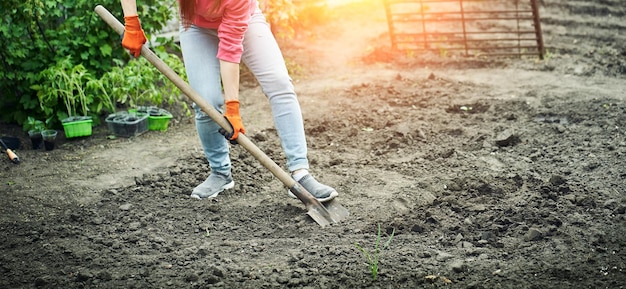 Chica de primavera cava un jardín con una pala en el jardín