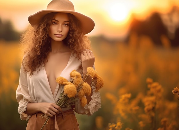 Chica en primer plano con flores en el campo por la mañana al atardecer