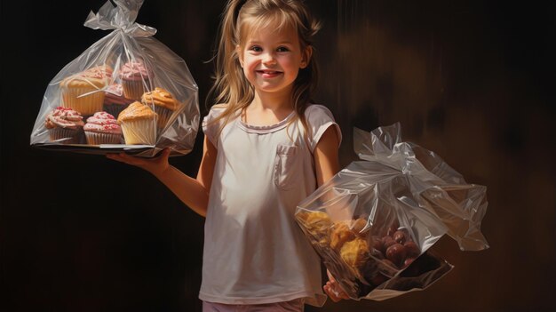 una chica que ama los pasteles lleva una bolsa con pasteles