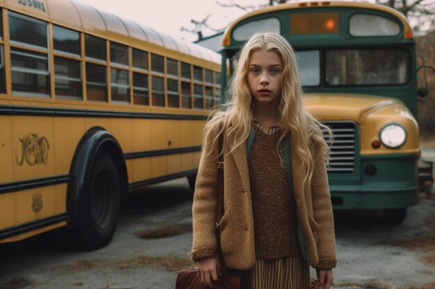 Chica que es dejada en un autobús escolar amarillo después de la escuela Regreso a la escuela y concepto de aprendizaje