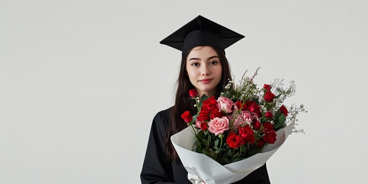Una chica que se gradúa recibe flores