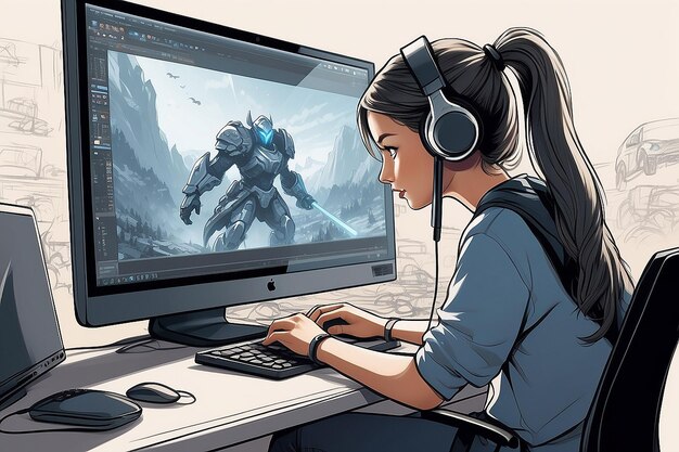 Una chica que juega centrándose en la pantalla de su computadora mientras juega un videojuego en línea