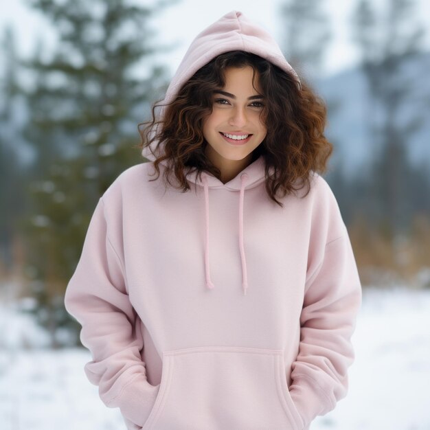 Chica radiante y fría con una sudadera con capucha de manta rosa brillante brilla en el país de las maravillas de invierno