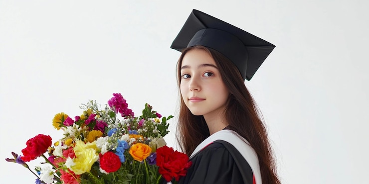 una chica con un ramo de flores y una gorra de graduación