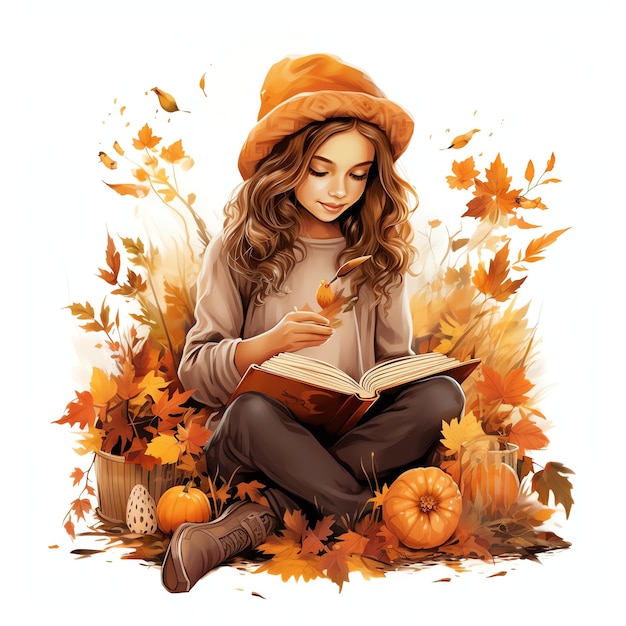 Chica ratón de biblioteca en otoño